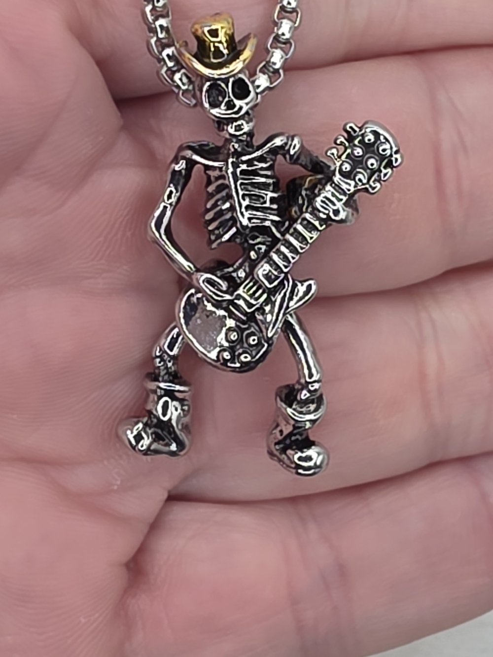 Silver Skeleton Guitarist Pendant Necklace with Gold Accent